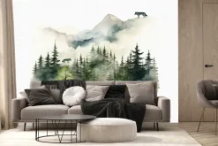 Fototapeta: Górki krajobraz z drzewami i wilkami