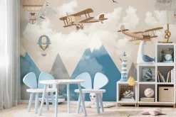 Fototapeta: Górski pejzaż z lecącymi balonami i samolotami