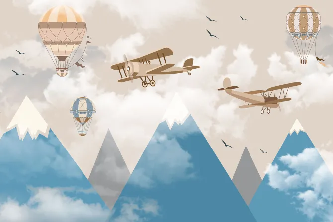 Fototapeta: Górski pejzaż z lecącymi balonami i samolotami