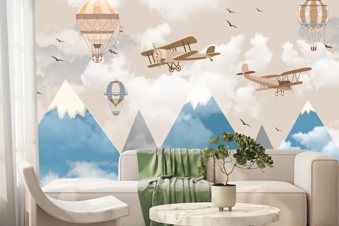 Fototapeta: Górski pejzaż z lecącymi balonami i samolotami