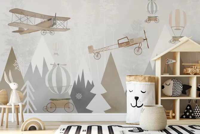Fototapeta: Góry i samoloty dla dzieci w skandynawskim stylu