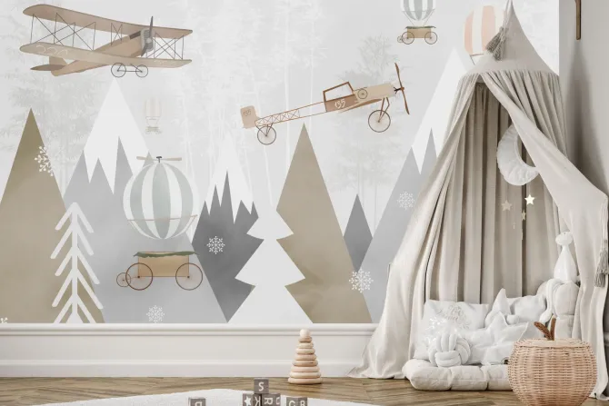 Fototapeta: Góry i samoloty dla dzieci w skandynawskim stylu