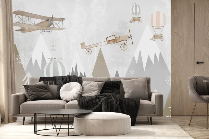 Fototapeta: Góry i samoloty dla dzieci w skandynawskim stylu