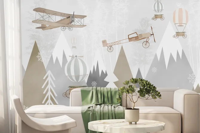 Fototapeta: Góry i samoloty dla dzieci w skandynawskim stylu