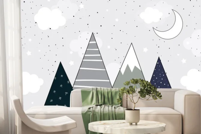 Fototapeta: Góry nocą z księżycem i gwiazdami styl skandynawski