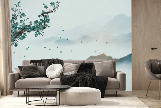 Fototapeta: Góry we mgle i kwiat wiśni