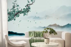 Fototapeta: Góry we mgle i kwiat wiśni