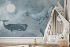 Fototapeta: Gwieździste niebo z wielorybami bajkowy wzór dziecięcy w stylu