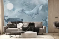 Fototapeta: Gwieździste niebo z wielorybami bajkowy wzór dziecięcy w stylu