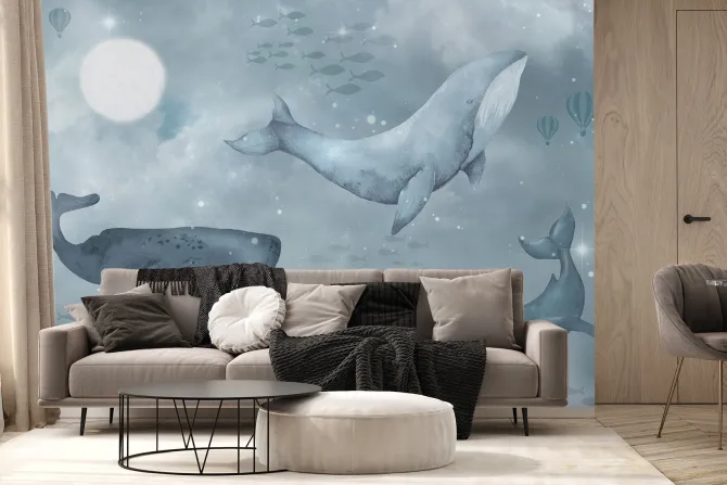 Fototapeta: Gwieździste niebo z wielorybami bajkowy wzór dziecięcy w stylu