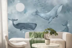 Fototapeta: Gwieździste niebo z wielorybami bajkowy wzór dziecięcy w stylu