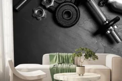 Fototapeta: Gym equipment on black background, flat lay. space for text