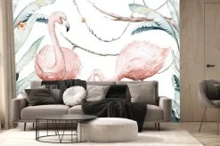 Fototapeta: Hand drawn watercolor tropical flamingo birds. set of african