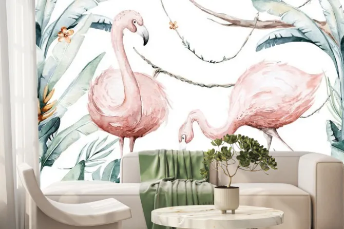 Fototapeta: Hand drawn watercolor tropical flamingo birds. set of african