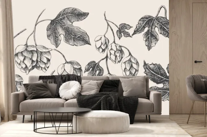 Fototapeta: Hand-drawn set of branches, cones, hop leaves on a light isolated