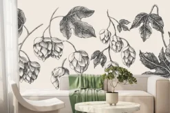 Fototapeta: Hand-drawn set of branches, cones, hop leaves on a light isolated