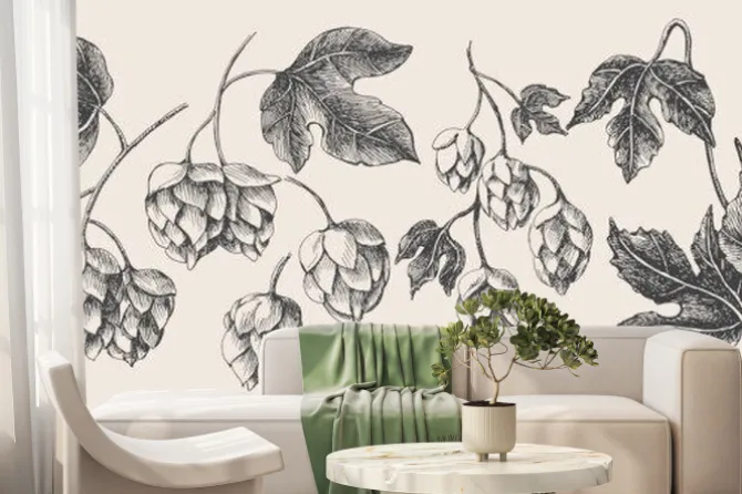 Fototapeta: Hand-drawn set of branches, cones, hop leaves on a light isolated