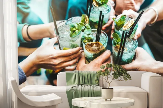 Fototapeta: Happy friends group cheering mojito drinks at fancy bar restaurant