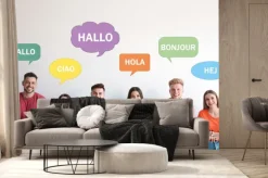 Fototapeta: Happy people posing near light wall and illustration of speech