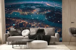 Fototapeta: High tech data network color grids over miniature cityscape with