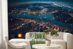 Fototapeta: High tech data network color grids over miniature cityscape with