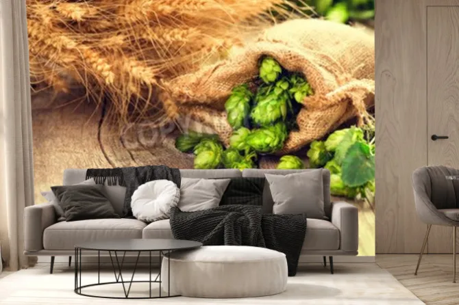 Fototapeta: Hop w torbie, a kłosy pszenicy na drewnianym pęknięty starym