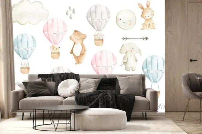 Fototapeta: Hot air balloon watercolor woodland animals set illustration