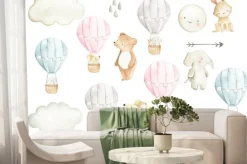 Fototapeta: Hot air balloon watercolor woodland animals set illustration