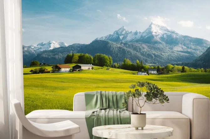 Fototapeta: Idyllic landscape in the alps with blooming meadows in springtime