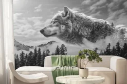 Fototapeta: Iglasty las z imitacją wilka w chmurach