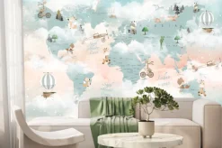 Fototapeta: Ilustracja edukacyjna z mapą świata do pokoju dziecięcego