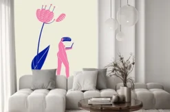 Fototapeta: Ilustracja nagiej dziewczyny z notebookiem pod kwiatem, osobą,