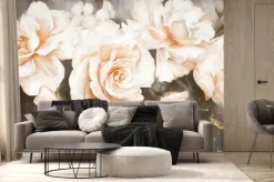 Fototapeta: Ilustracja olejna z kwiatem róży i złotymi liśćmi