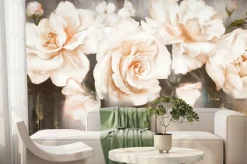 Fototapeta: Ilustracja olejna z kwiatem róży i złotymi liśćmi