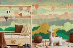 Fototapeta: Ilustracja z balonami lecącymi nad lasem i górami