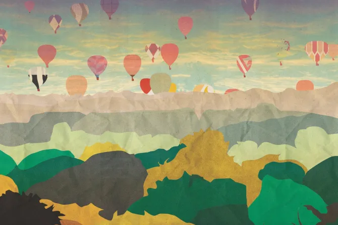 Fototapeta: Ilustracja z balonami lecącymi nad lasem i górami