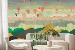 Fototapeta: Ilustracja z balonami lecącymi nad lasem i górami