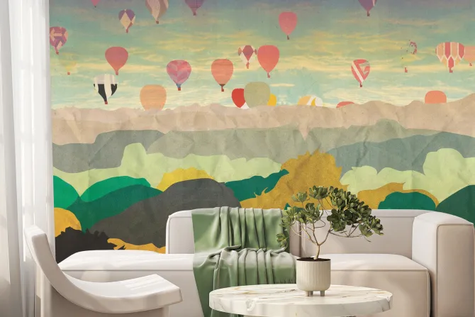 Fototapeta: Ilustracja z balonami lecącymi nad lasem i górami