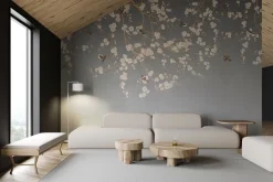 Fototapeta: Ilustracja z gałęziami ptakami i kwitnącymi pąkami