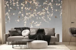 Fototapeta: Ilustracja z gałęziami ptakami i kwitnącymi pąkami