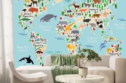Fototapeta: Ilustrowana mapa świata dla dzieci ze zwierzętami