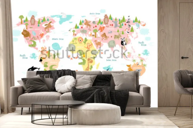 Fototapeta: Ilustrowana mapa świata z kontynentami i zwierzętami