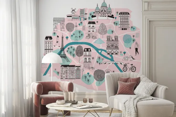 Fototapeta: Ilustrowana mapa paryża z legendarnymi symbolami