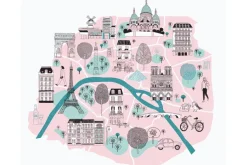 Fototapeta: Ilustrowana mapa paryża z legendarnymi symbolami