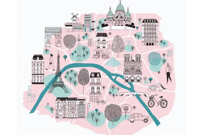 Fototapeta: Ilustrowana mapa paryża z legendarnymi symbolami
