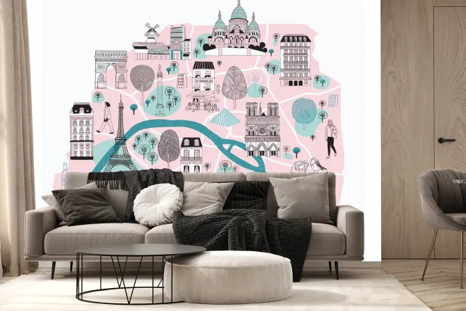 Fototapeta: Ilustrowana mapa paryża z legendarnymi symbolami