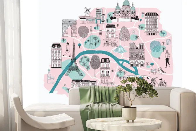 Fototapeta: Ilustrowana mapa paryża z legendarnymi symbolami