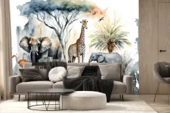 Fototapeta: Ilustrowane zwierzęta i tropikalne drzewa akwarela