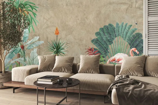 Fototapeta: Imitacja dżungli z flamingiem na betonie