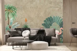 Fototapeta: Imitacja dżungli z flamingiem na betonie